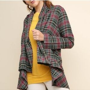 Umgee Green Red Plaid Open Cardigan With Pockets Womens Size L